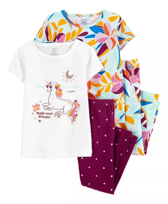 CARTER'S SET 4 PIEZAS PIJAMA ALGODÓN MANGAS CORTAS "FLORAL Y UNICORNIO"