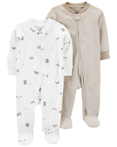 CARTER´S PACK 2 OSITO PIJAMA ALGODON CIERRE "GRANJA Y RAYAS"