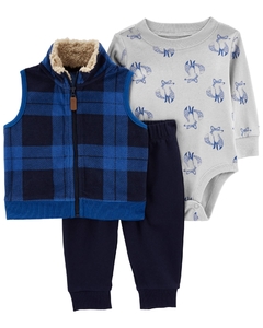 CARTER´S SET 3 PIEZAS BODY MANGAS LARGAS, CHALECO Y PANTALON "CUADRILLE AZUL"