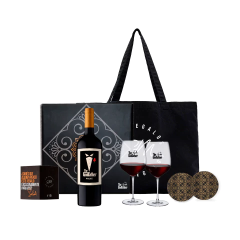 Vino El Padrino Malbec con Dos Copas Transparentes con Diseño Temático - comprar online
