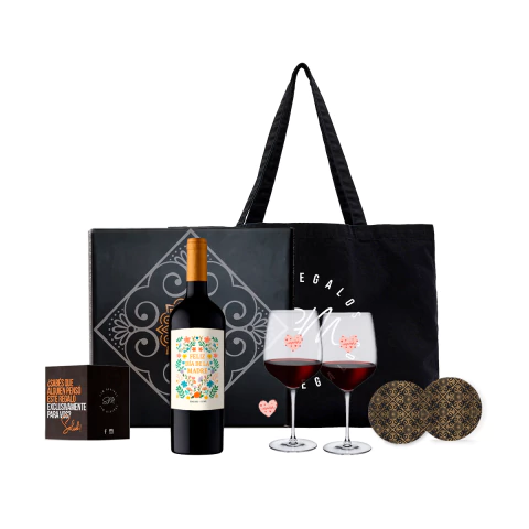 Vino Especial Día de la Madre Malbec con Dos Copas Transparentes con Diseño Temático - comprar online