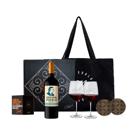 Vino Néstor Kirchner Malbec con Dos Copas Transparentes con Diseño Temático - comprar online