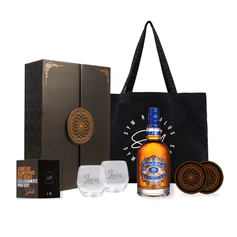 Chivas 18 Años Experiencia Con Dos Vasos Transparentes Grabados