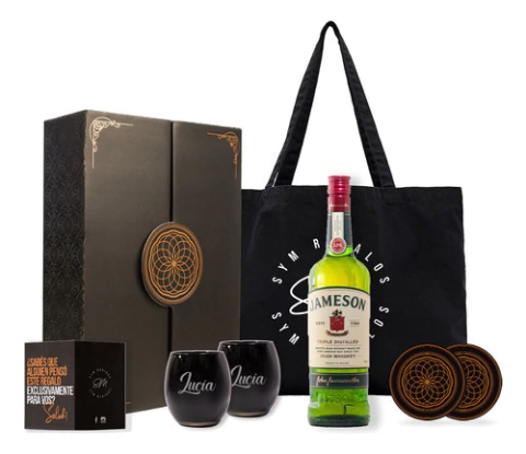 Whisky Jameson Irlandés Experiencia Con Dos Vasos Negros Grabados