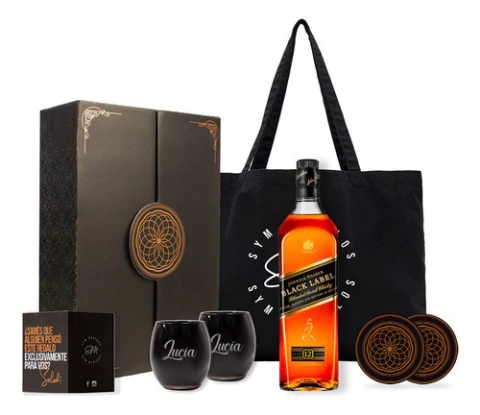Johnnie Walker Black Label Box Con Vasos Negros Grabados