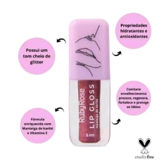 Lip Gloss labial com Glitter Manteiga de Karité e vitamina E - Ruby Rose - Boca Rosada Makeup