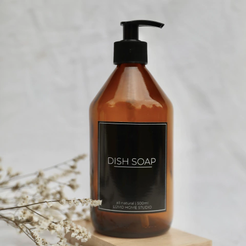 Dispenser de vidrio ámbar 500ml etiqueta negra