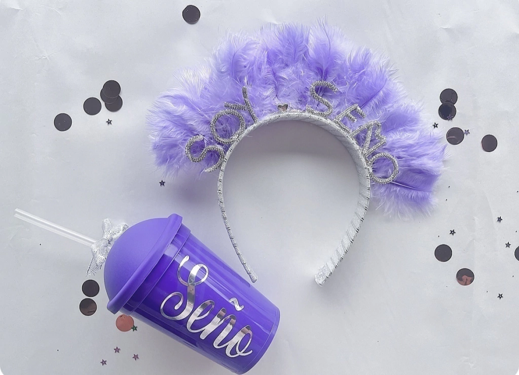 Combo lila personalizado (Vincha + vaso)