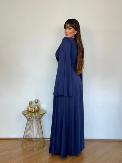 VESTIDO LONGO DECOTE EM V MARIANA COM DETALHES NA MANGA AZUL MARINHO - Vanessa Sansone Store