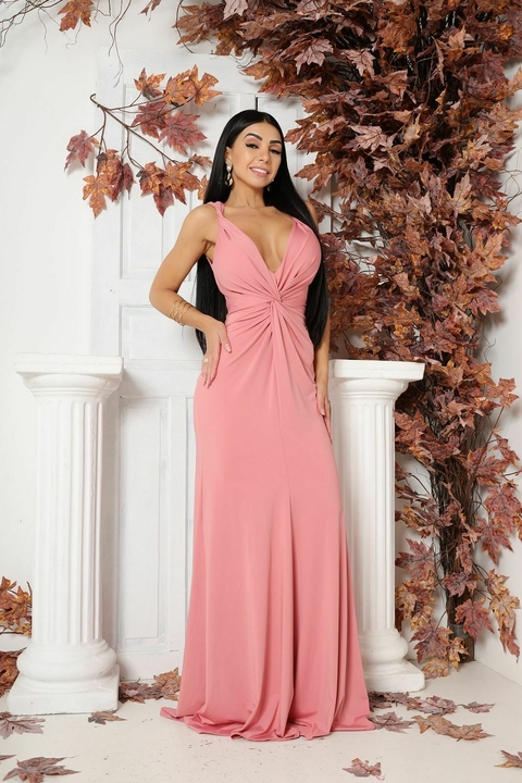 VESTIDO LONGO VERÔNICA COM DECOTE EM V E DETALHES NAS COSTAS ROSE
