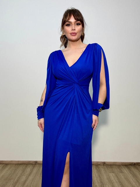 VESTIDO VERA COM FENDA EM TECIDO FLUITY AZUL ROYAL