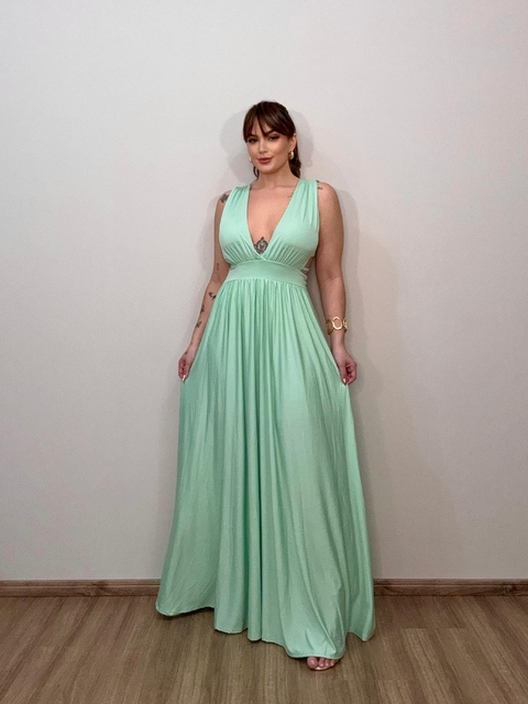 vestido longo de festa verde menta, com detalhes nas laterais 