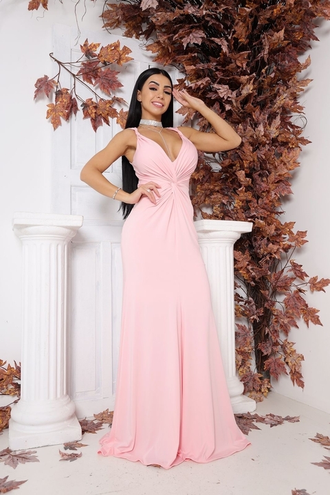 VESTIDO LONGO VERÔNICA COM DECOTE EM V E DETALHES NAS COSTAS ROSA BEBÊ