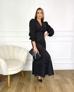 VESTIDO MIDI MANGA LONGA EMILY DECOTE EM V POÁ PRETO - comprar online
