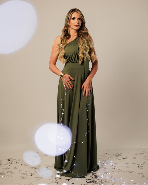 VESTIDO KELLY UM OMBRO SÓ COM DETALHES DE LAÇO NO OMBRO VERDE MILITAR
