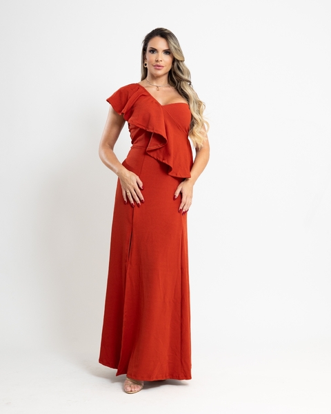 VESTIDO LONGO MODELO SEREIA NICOLE COM DETALHES NO BUSTO TERRACOTA - comprar online