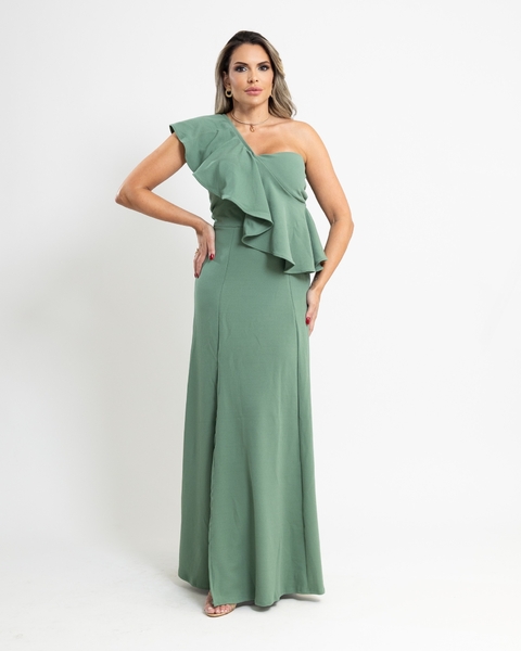 VESTIDO LONGO MODELO SEREIA NICOLE COM DETALHES NO BUSTO VERDE OLIVA - comprar online