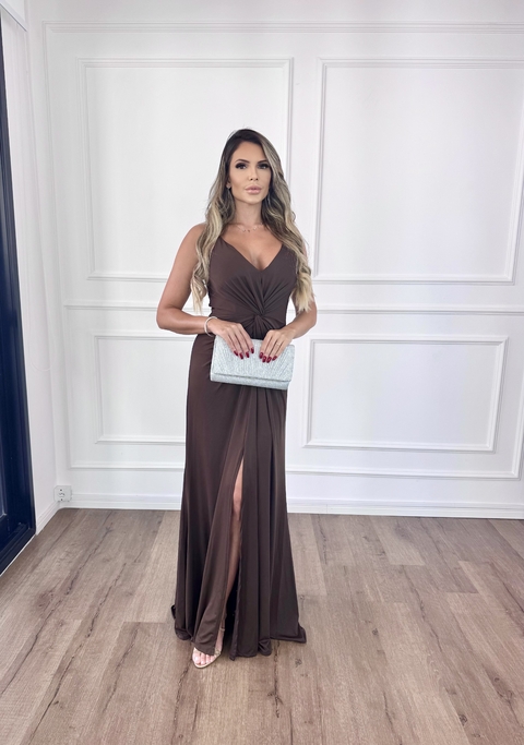 VESTIDO LONGO COM ALÇAS DE STRASS KARINA MOCHA MARROM - comprar online