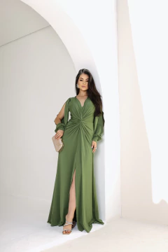VESTIDO VERA COM FENDA EM TECIDO FLUITY VERDE OLIVA - loja online