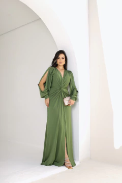 VESTIDO VERA COM FENDA EM TECIDO FLUITY VERDE OLIVA - Vanessa Sansone Store