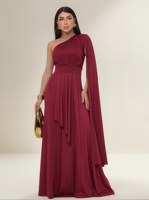 VESTIDO ALANA LONGO MULA MANGA EM TECIDO FLUITY COM DETALHES MARSALA - comprar online