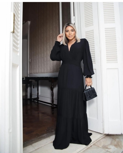 VESTIDO MANGA LONGA EM VISCOLINHO ESTER PRETO