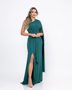 VESTIDO ALANA LONGO MULA MANGA EM TECIDO FLUITY COM DETALHES VERDE ESMERALDA