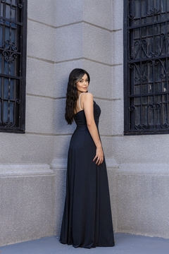 VESTIDO LONGO COM RECORTES ABAIXO DO BUSTO ALÇAS DE STRASS AURORA PRETO - Vanessa Sansone Store