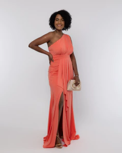 VESTIDO ALANA LONGO MULA MANGA EM TECIDO FLUITY COM DETALHES CORAL - comprar online