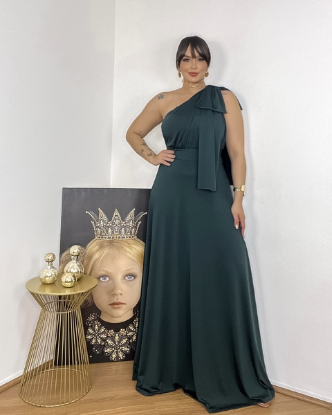 VESTIDO KELLY UM OMBRO SÓ COM DETALHE DE LAÇO NO OMBRO VERDE ESMERALDA