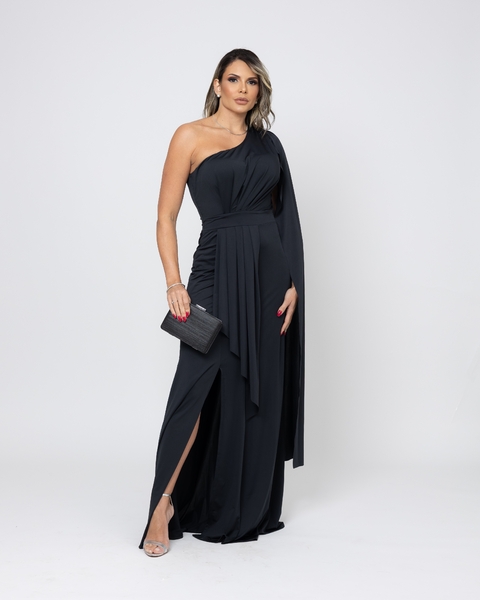 VESTIDO ALANA LONGO MULA MANGA EM TECIDO FLUITY COM DETALHES PRETO