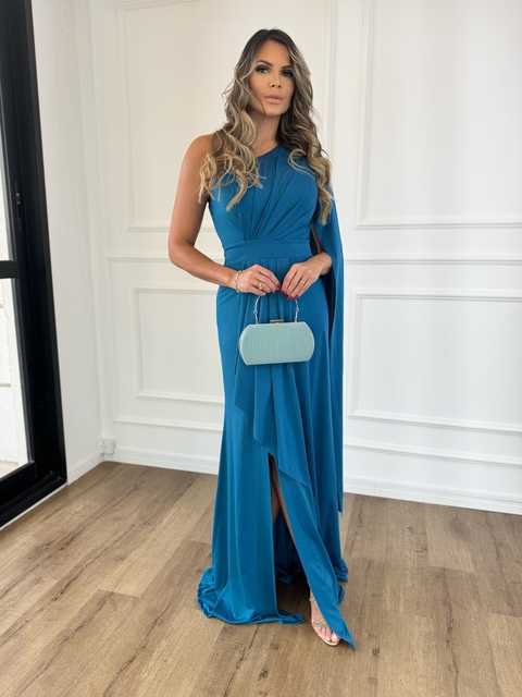 VESTIDO ALANA LONGO MULA MANGA EM TECIDO FLUITY COM DETALHES AZUL PETROLEO