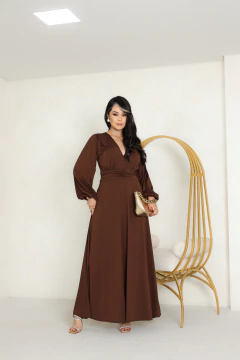 VESTIDO LONGO LUMA MANGA LONGA E DECOTE EM V MOCHA MARROM