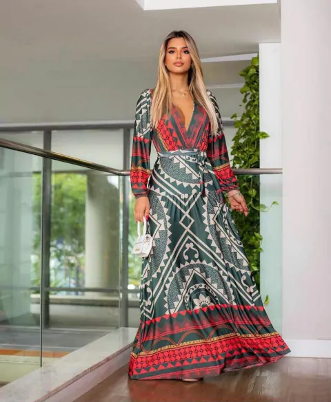 Vestido Ana Paula verde com vermelho