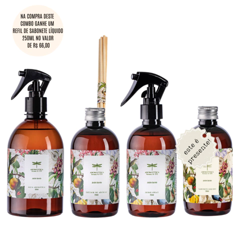 Combo Água Aromática 500ml, Difusor de Aromas Refil 250ml, Home Spray 250ml, Sabonete Líquido 250ml - Jardim Secreto