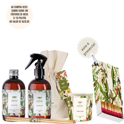 Combo Difusor de Aromas 250ml. Home Spray 250ml, Vela Aromática 200g e Fósforo Decorativo de Mesa - Chá Branco e Bambu - comprar online
