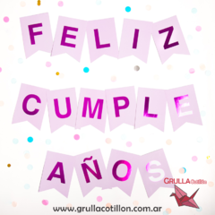 BANDERIN FELIZ CUMPLEAÑOS LILA CON LETRAS VIOLETA