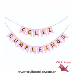 BANDERIN FELIZ CUMPLEAÑOS ROSA Y DORADO