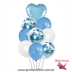 BOUQUET GLOBOS CONFETTI Y CORAZÓN CELESTE - comprar online