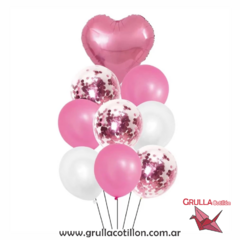 BOUQUET GLOBOS CONFETTI Y CORAZÓN ROSA - comprar online