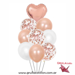 BOUQUET GLOBOS CONFETTI Y CORAZÓN ROSE GOLD - comprar online