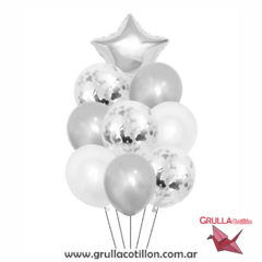 BOUQUET GLOBOS CONFETTI Y ESTRELLA PLATEADO - comprar online