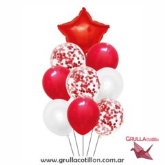 BOUQUET GLOBOS CONFETTI Y ESTRELLA ROJA - comprar online
