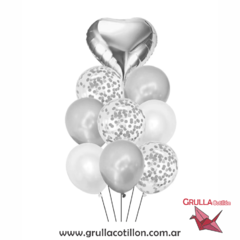 BOUQUET GLOBOS CORAZON PLATEADO