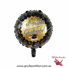 GLOBO MINI FELICIDADES GRADUADO NEGRO Y DORADO 25 cm.
