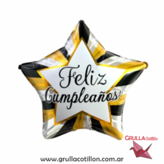 GLOBO FELIZ CUMPLE ESTRELLA DORADO Y NEGRO 18"