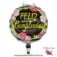 GLOBO FELIZ CUMPLEAÑOS FONDO NEGRO CON FLORES 18"