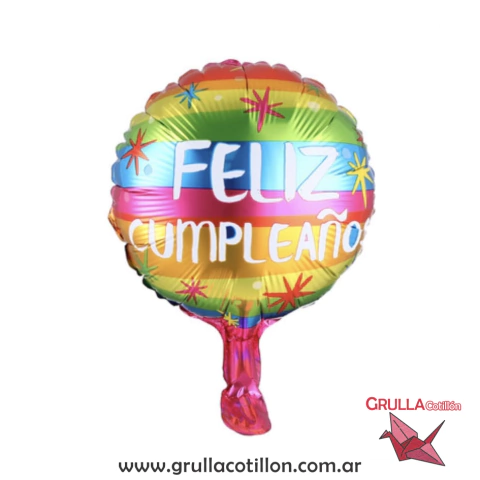 GLOBO MINI FELIZ CUMPLEAÑOS RAYAS COLORES 25 cm.