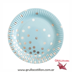 PLATO CELESTE CON LUNARES PLATEADOS x 6 unidades