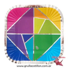 PLATO CUADRADO MULTICOLOR CON LINEAS PLATEADAS x8